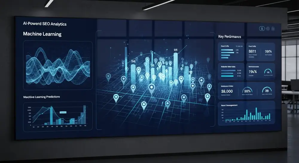 AI local SEO agency analytics dashboard showing predictive keyword analysis and local search ranking data