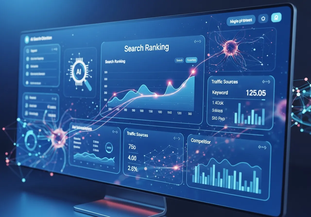 AI search optimization dashboard with machine learning algorithms and analytics