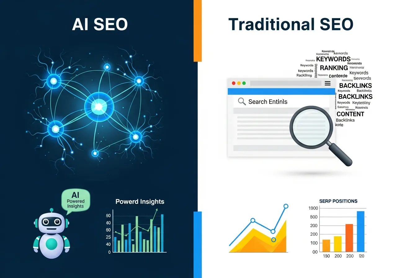 Comparison between AI SEO and traditional SEO showing different optimization approaches