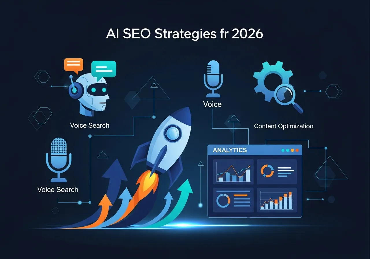 AI SEO strategies for 2026 showing growth charts and optimization tactics