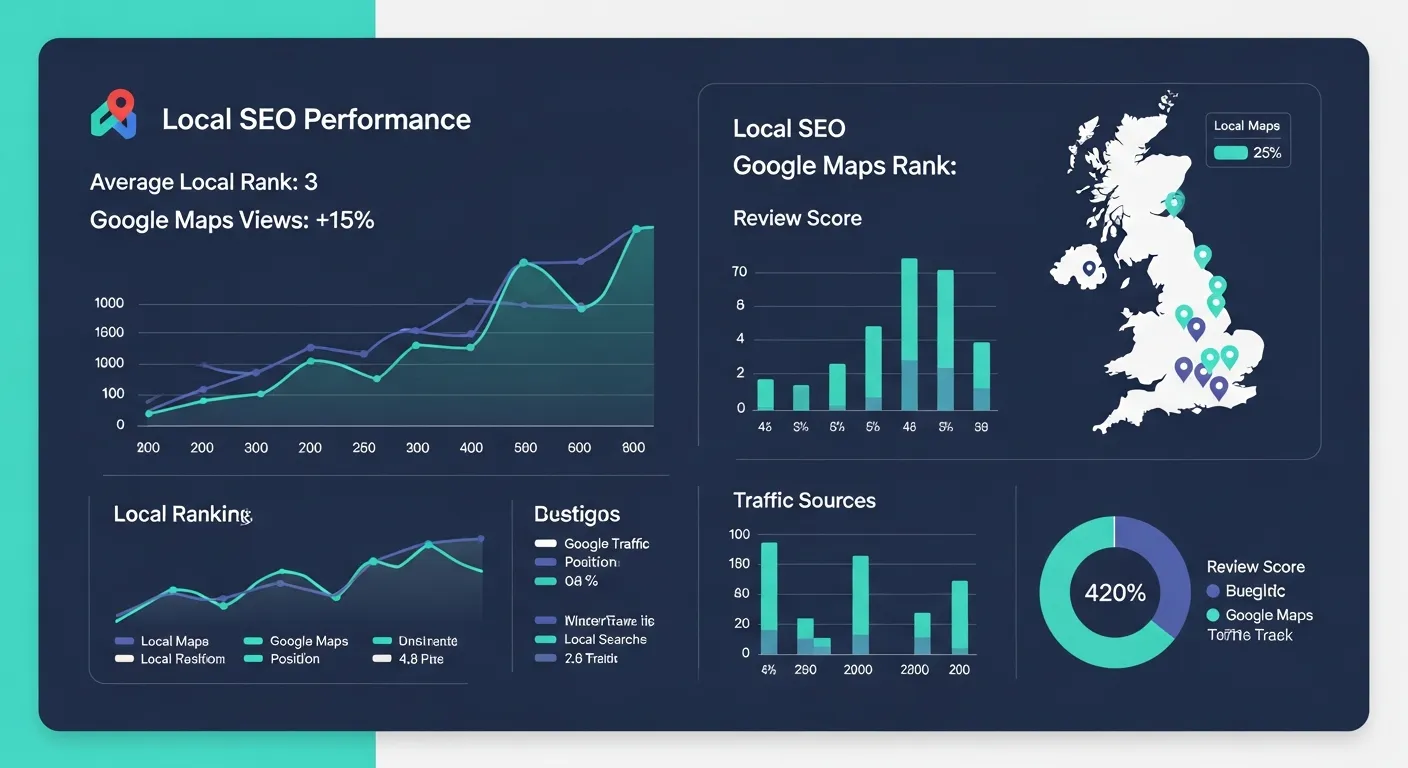 Best local SEO company UK rankings dashboard showing local search performance and Google Maps visibility