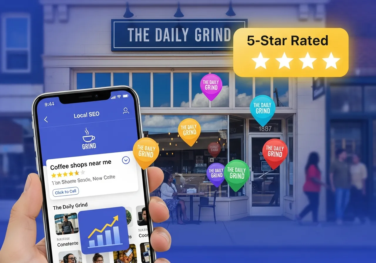 Local business storefront with five-star ratings and Google Maps location pins