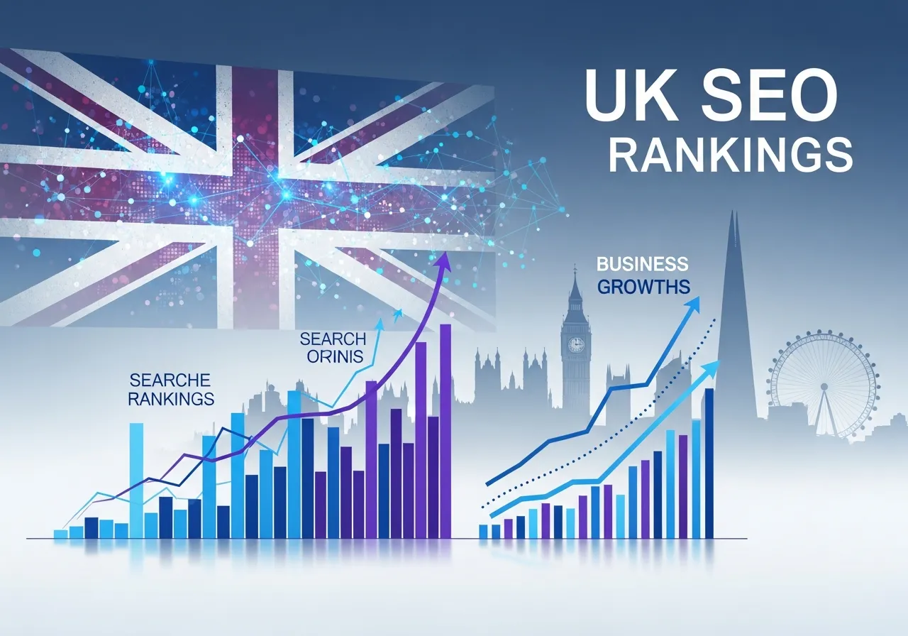 UK SEO company concept with British elements and digital marketing growth visuals