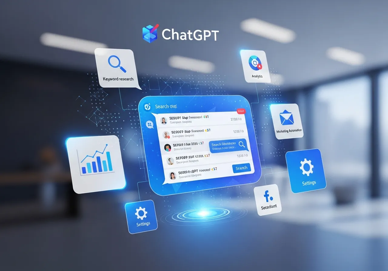ChatGPT AI assistant interface with SEO elements and search rankings visualization