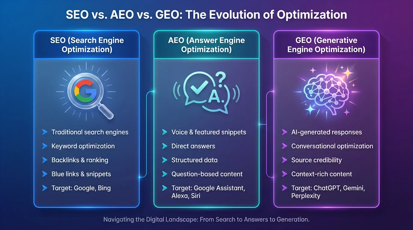 Three-way comparison of GEO AEO and traditional SEO approaches