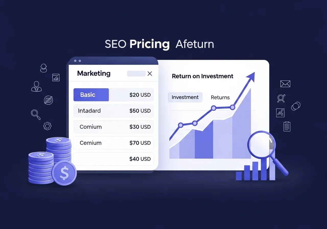 SEO pricing calculator with investment return charts and budget planning visuals