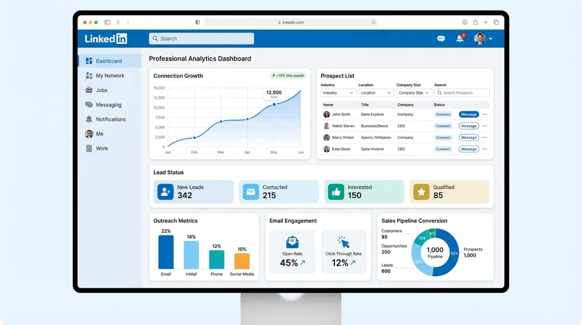 LinkedIn lead generation services dashboard showing B2B prospecting results