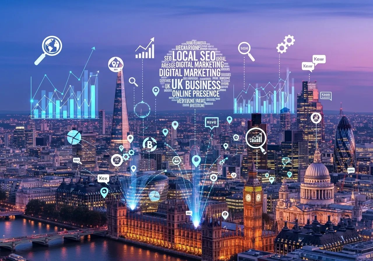 London skyline with digital SEO elements and local business marketing icons