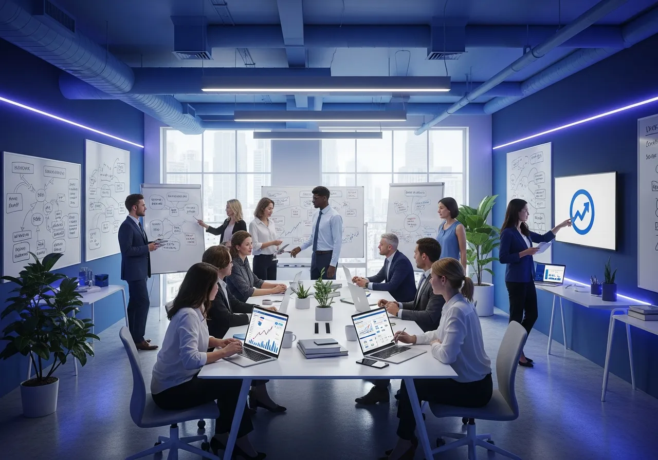 Professional SEO agency office with digital marketing team collaboration