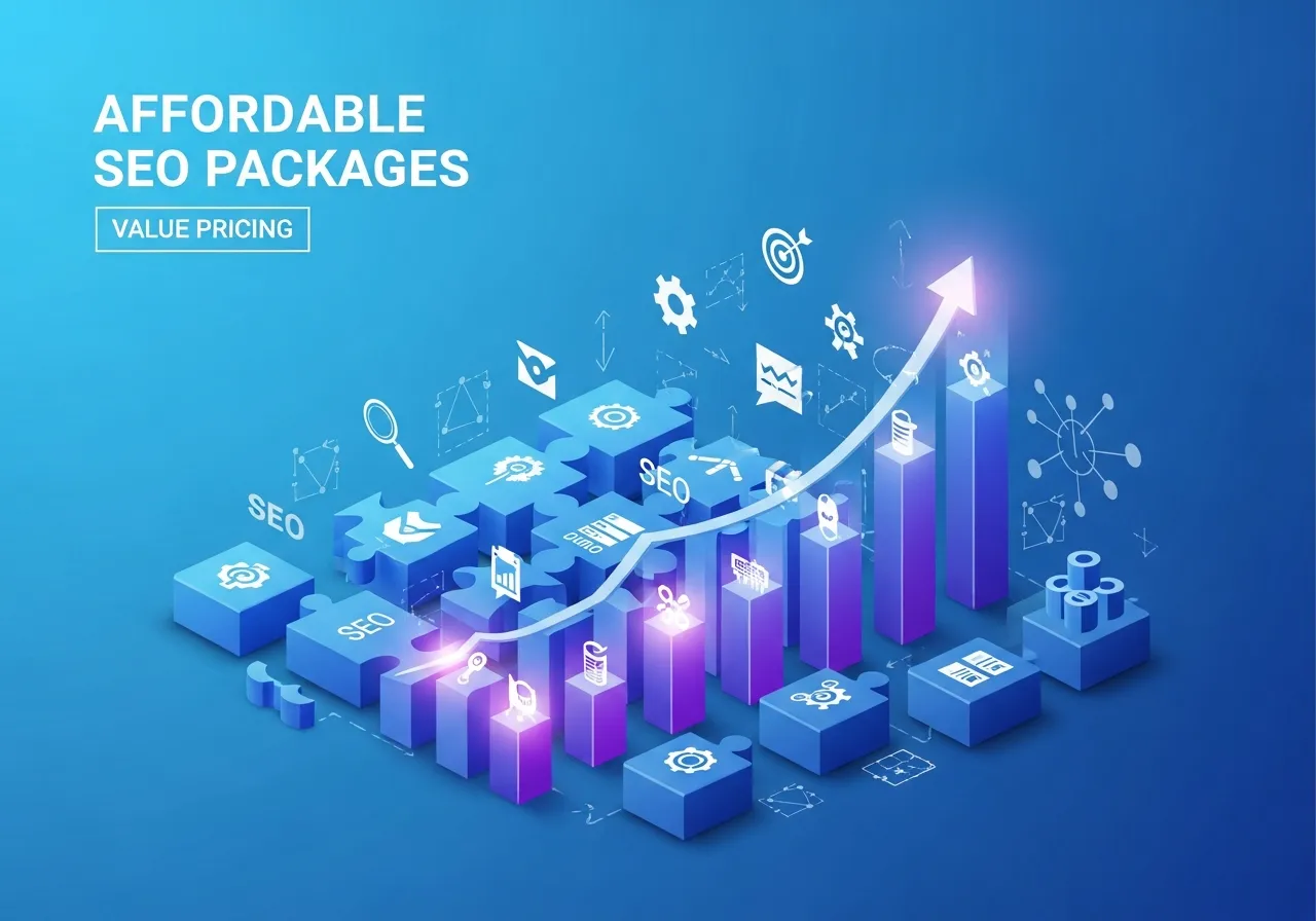 Affordable SEO packages concept with value pricing and business growth charts
