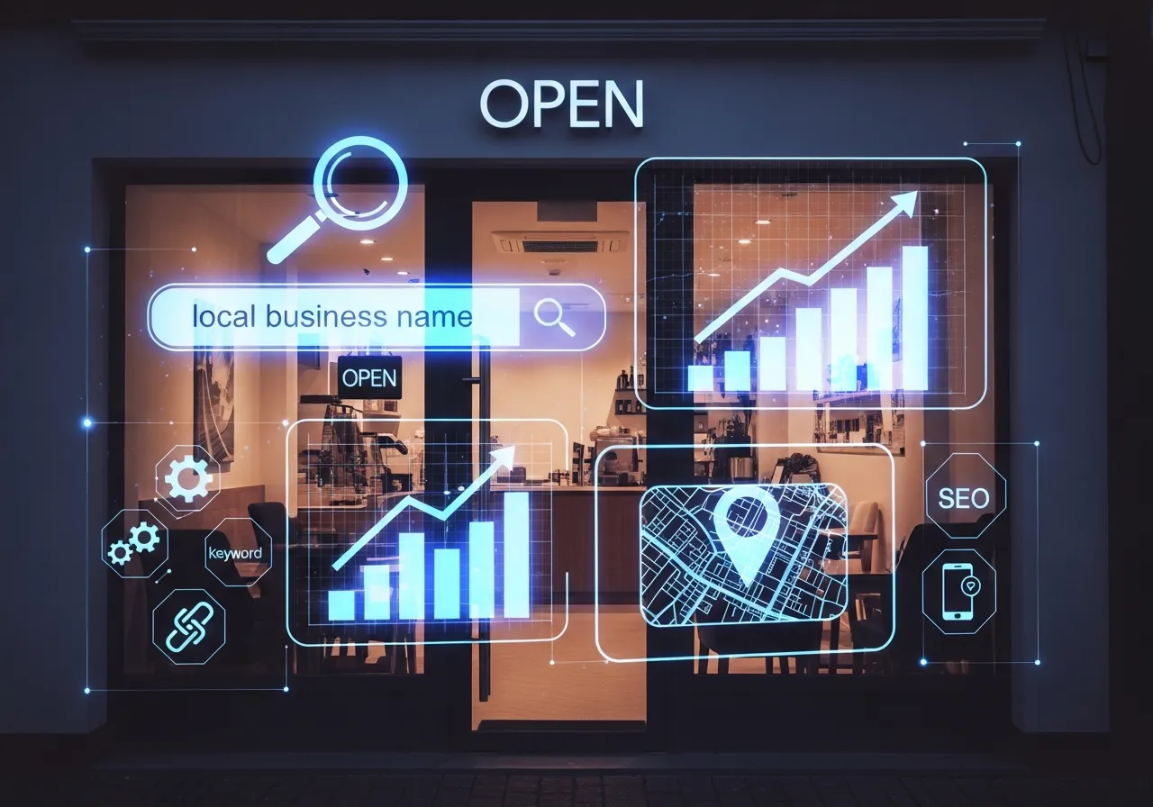 Small business storefront with digital SEO presence and local search visibility