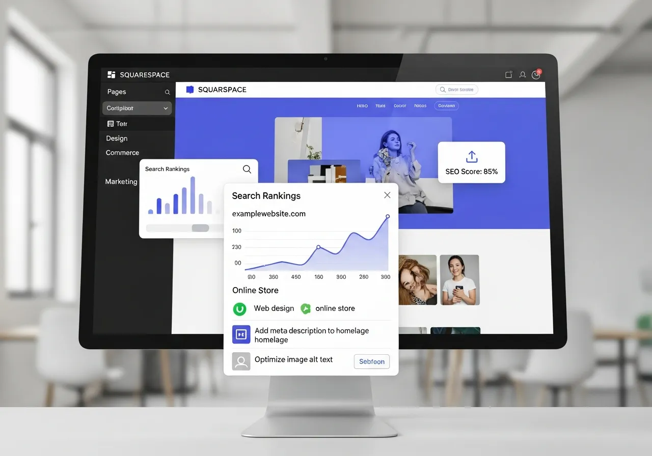 Squarespace website builder interface with SEO optimization elements