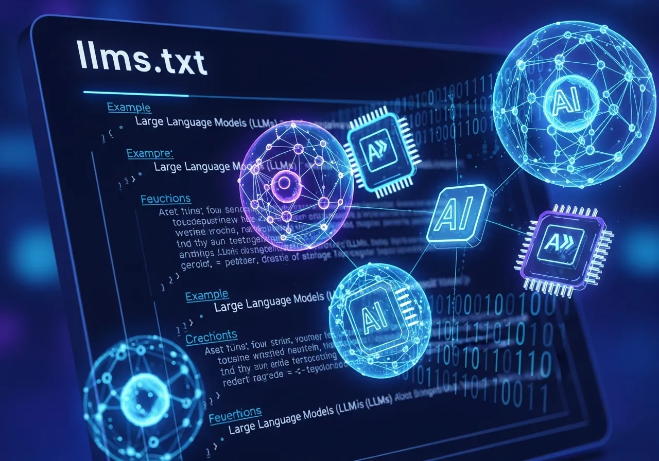 Technical document visualization showing llms.txt file structure for AI crawlers