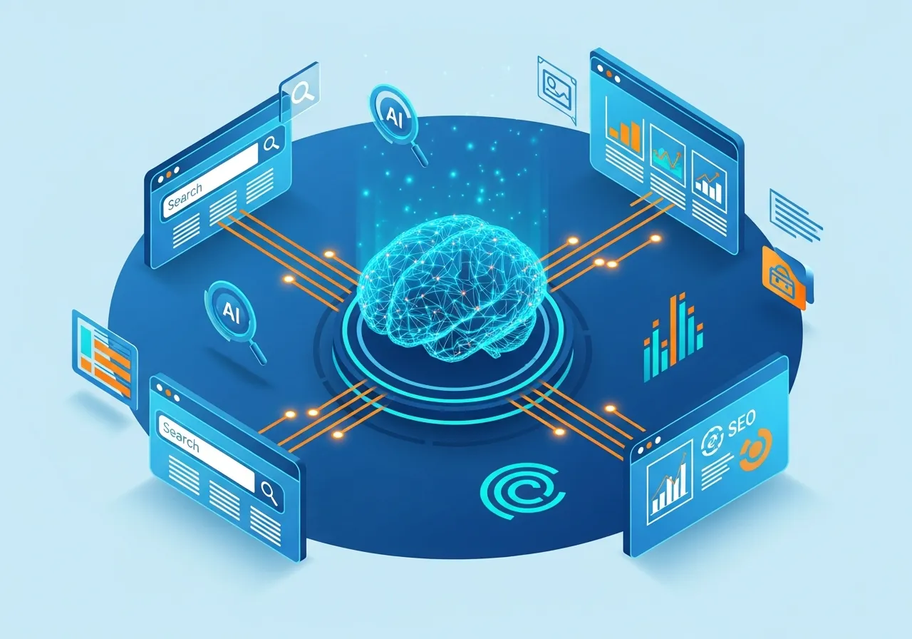AI SEO concept visualization with neural networks and search optimization elements